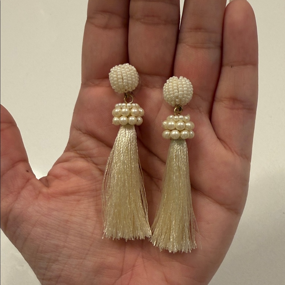 LOFT Cream Beaded Tassel Earrings